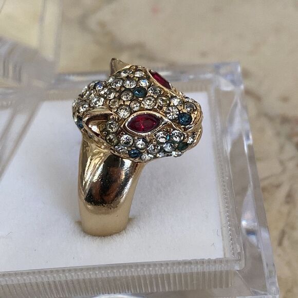 Gold Over Sterling Silver Panther & Crystals Statement Ring Vintage - Picture 6 of 11